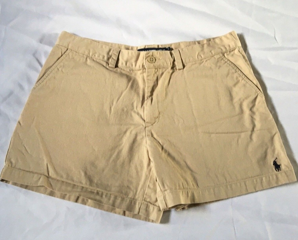 Ralph Lauren Sport Womens Shorts 8 Khaki Chino Mid Rise Tan Cotton Embroidered